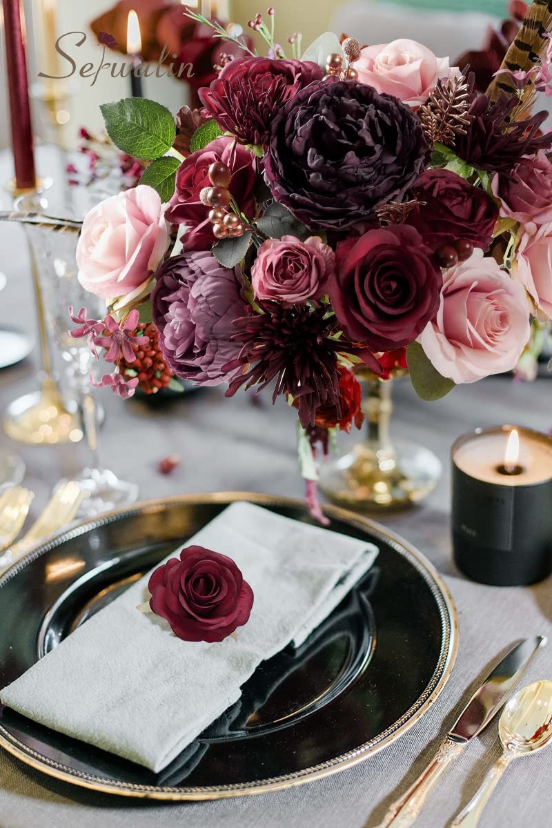 Burgundy Artificial Flowers Fake Pink Rose Silk Cake Floral Bridal Centerpiece