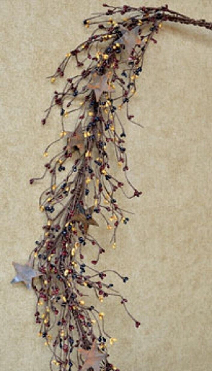40″ Pip Berry Garland w/ Rusty 2″ Stars – NAVY BURGUNDY GOLD – Colonial Mix