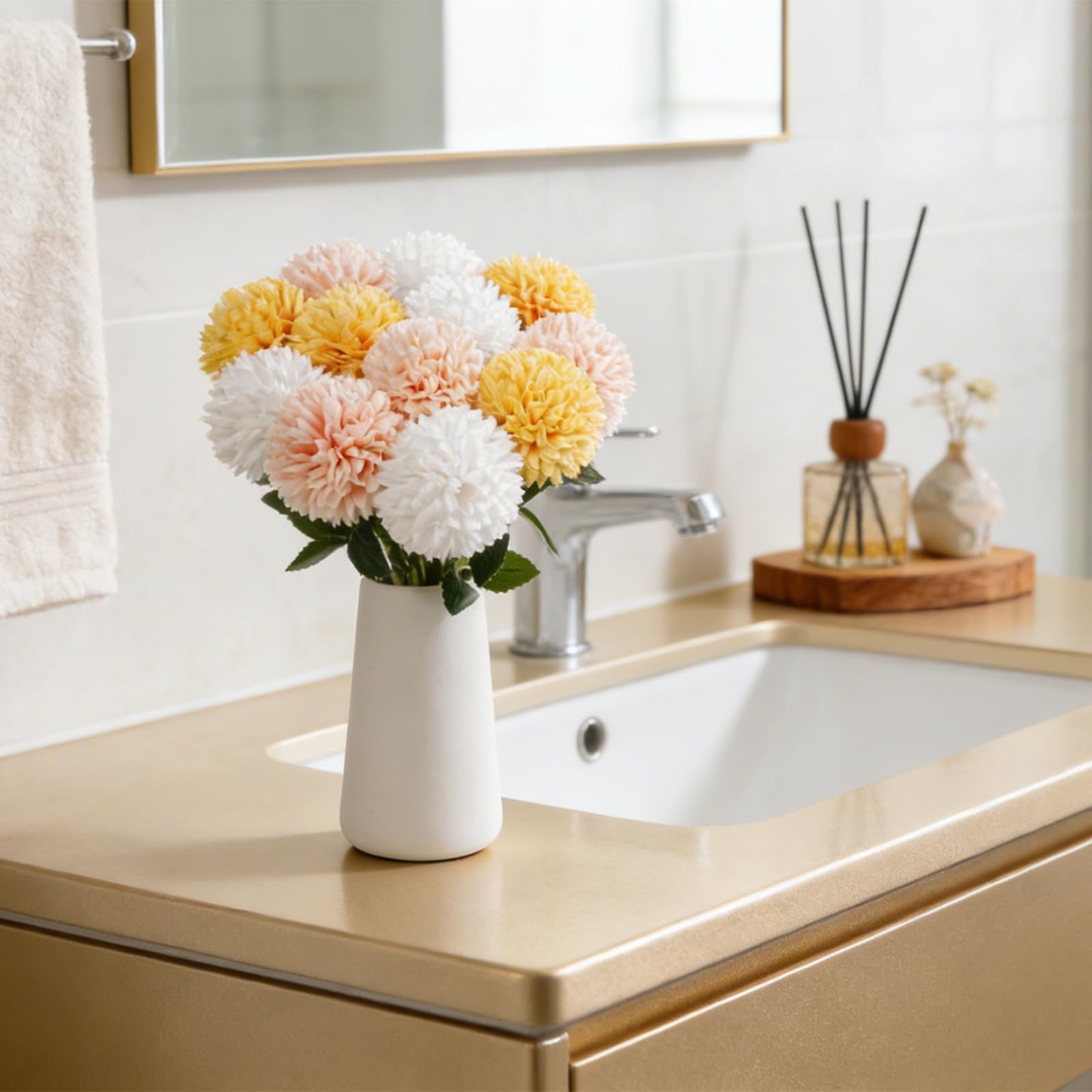 12Pcs Artificial Chrysanthemum Flowers with Ceramic Vase, Faux Silk Mum Flora…