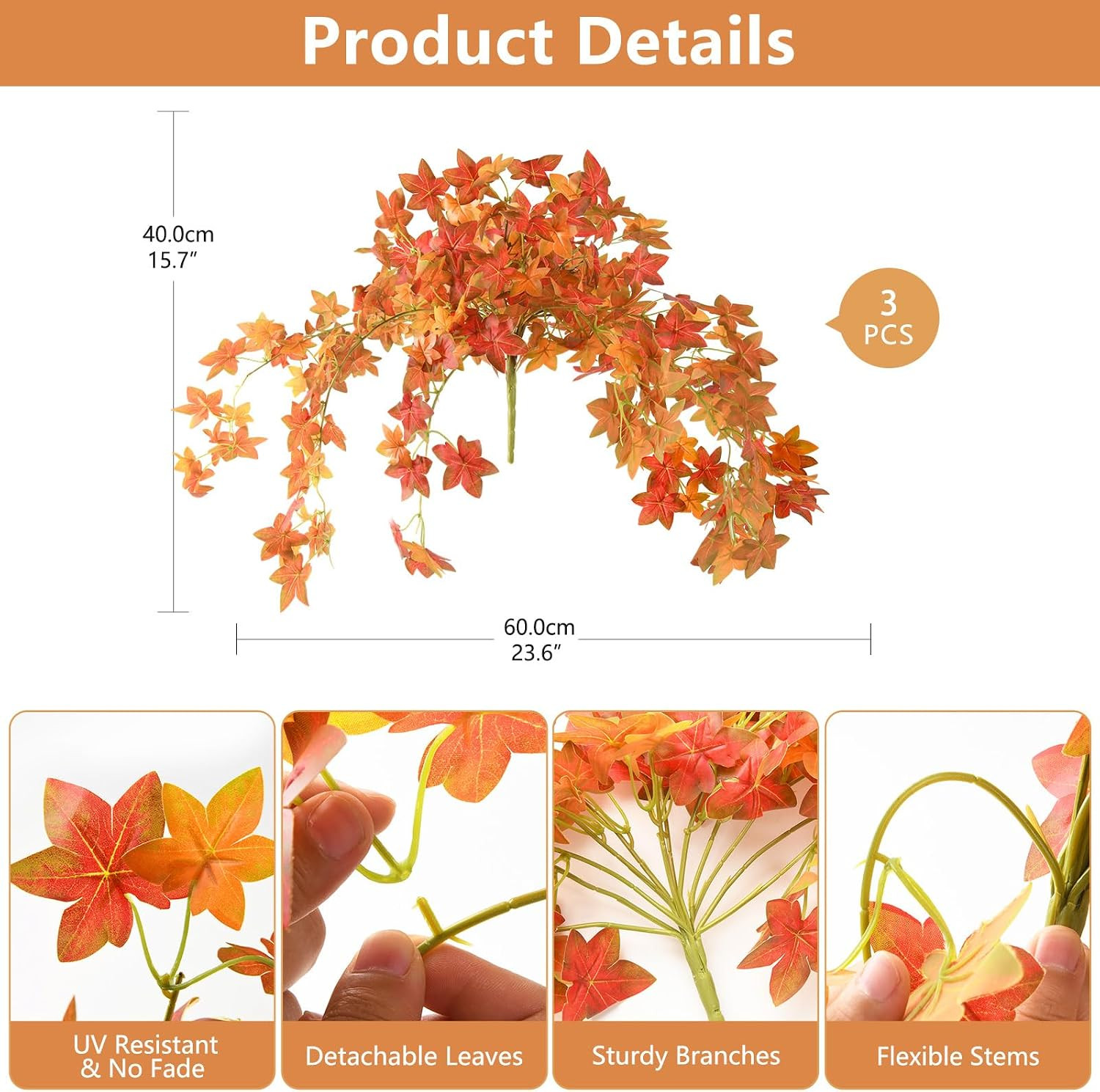 3PCS UV Resistant Fall Maple Fake Plants for Outdoor Decor – Red Leaves