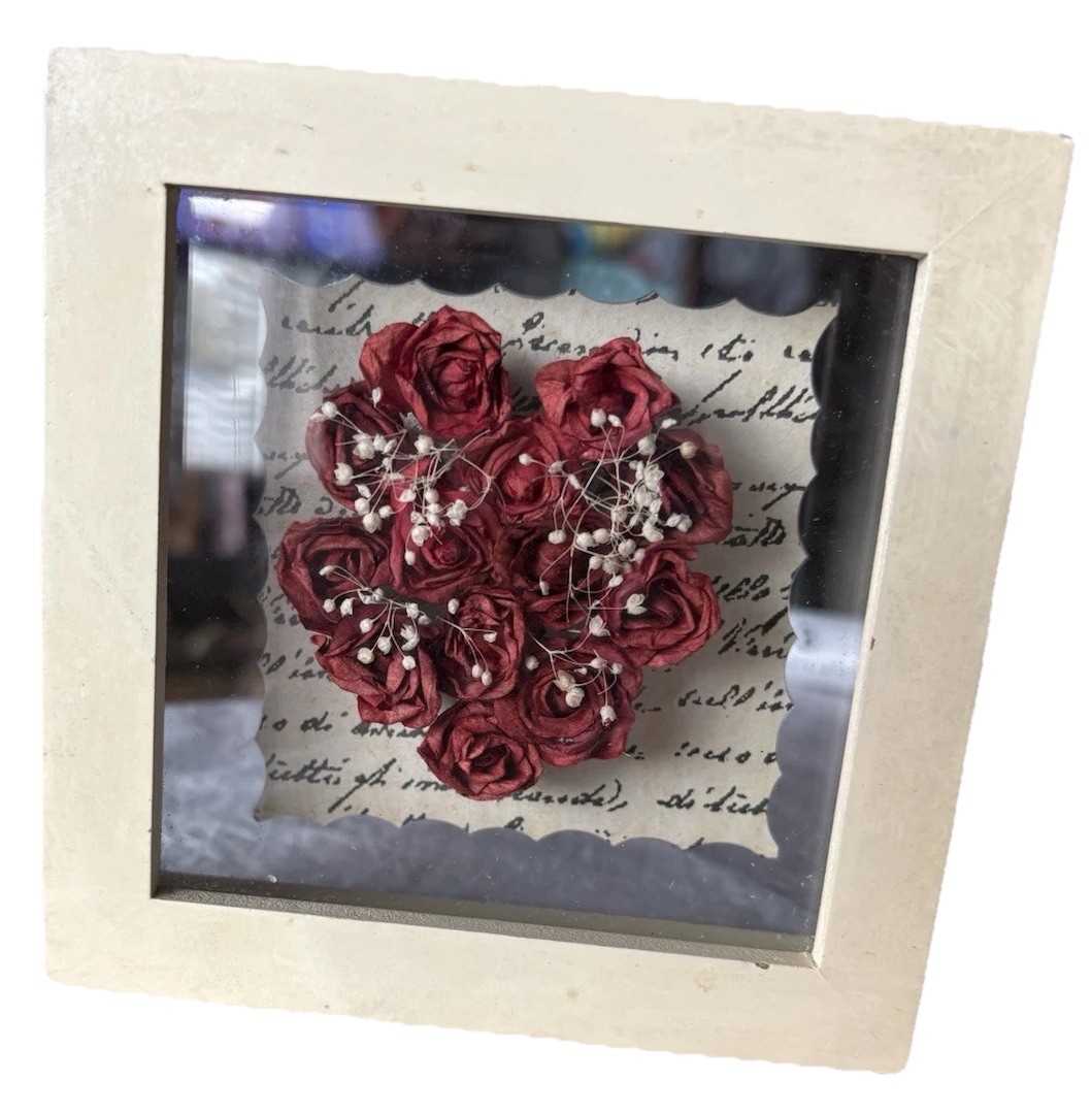 4.75” Preserved Red Roses w/ Newspaper Backing – Flower White Framed Shadow Box
