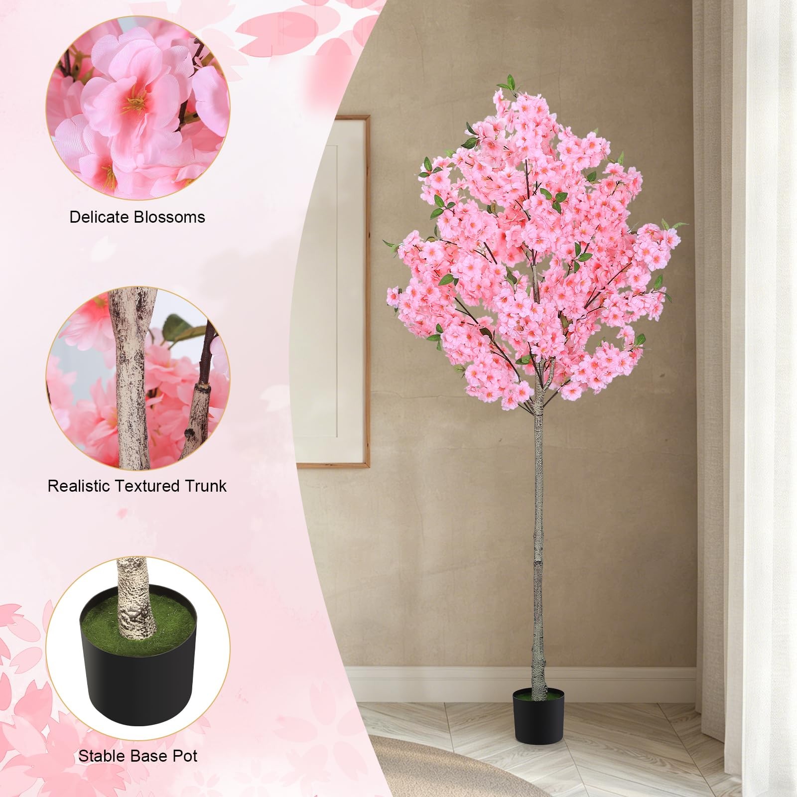 6FT Artificial Cherry Blossom Tree with Pot, Faux Pink Sakura Tree with Adjus…