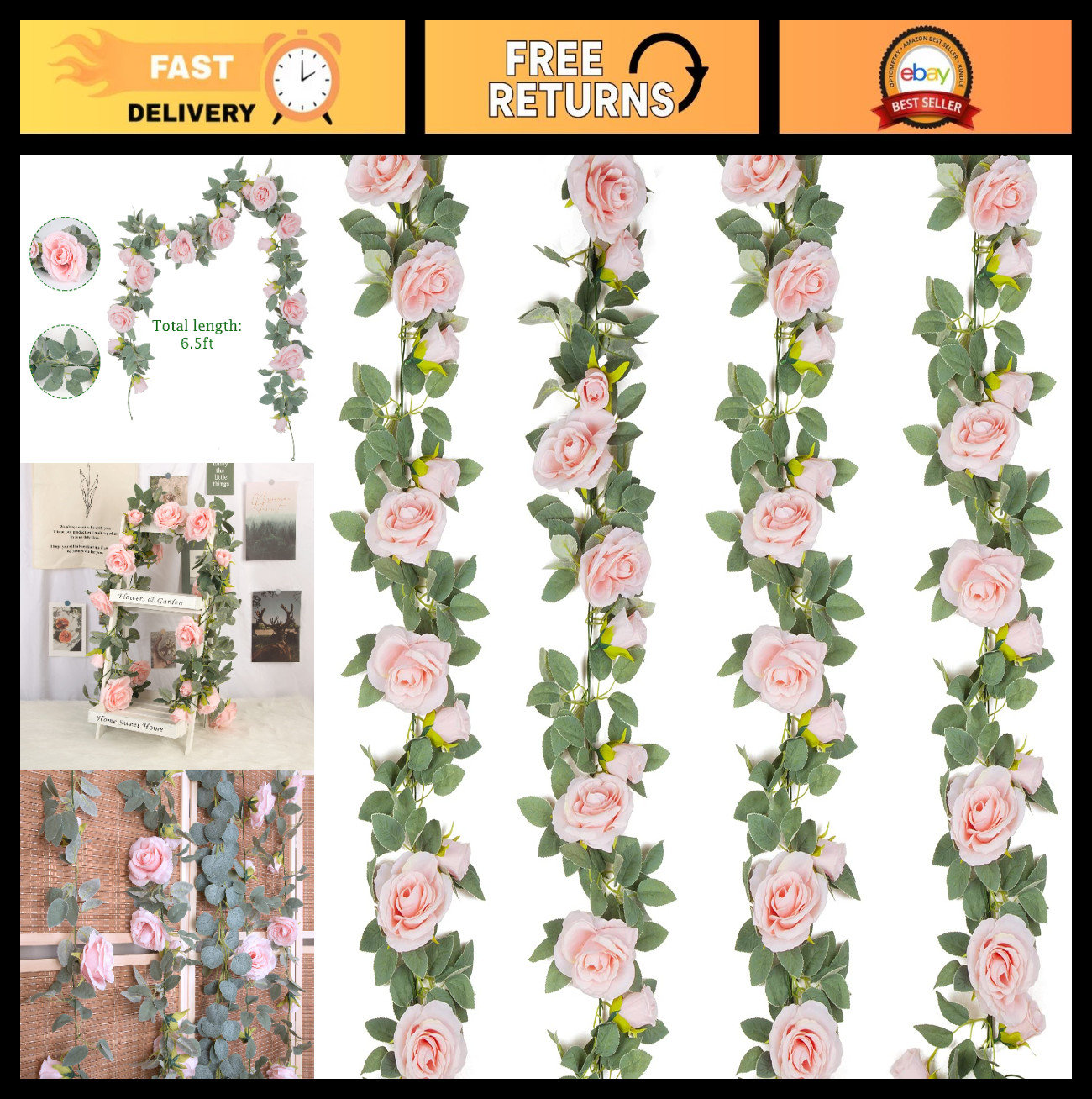 4Pcs 26FT Artificial Rose Vine Garland – Silk Flower Hanging Decor for Weddings,