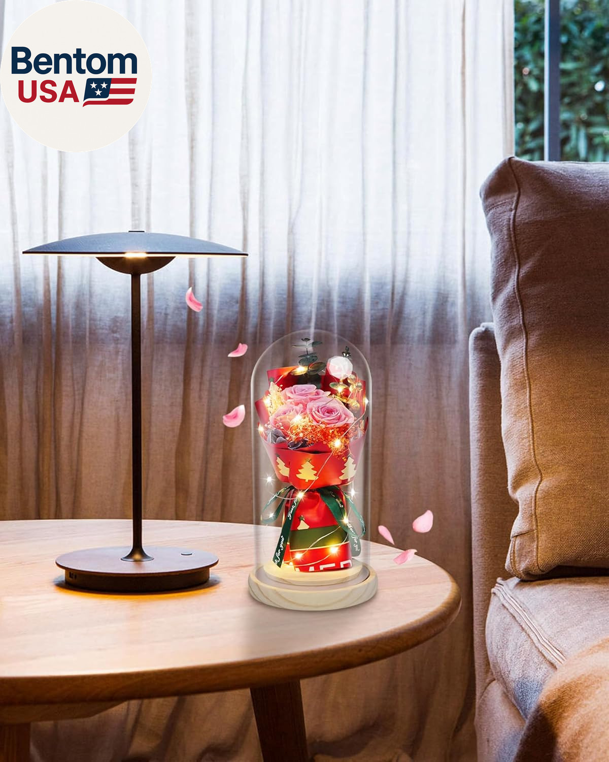 Preserved Flowers in Glass for Her,Pink Real Rose Bouquet with LED Light,Eternal