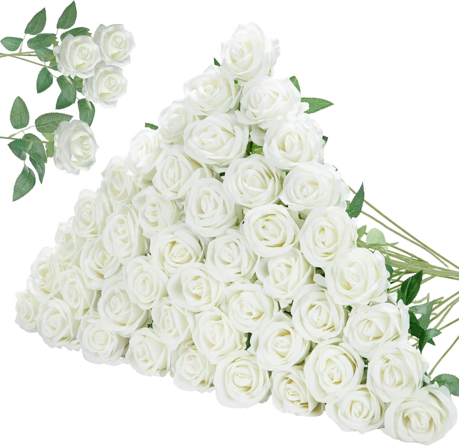50 Pcs White Roses Artificial Flowers, Fake Velvet Silk Rose Bulk Faux Flower fo