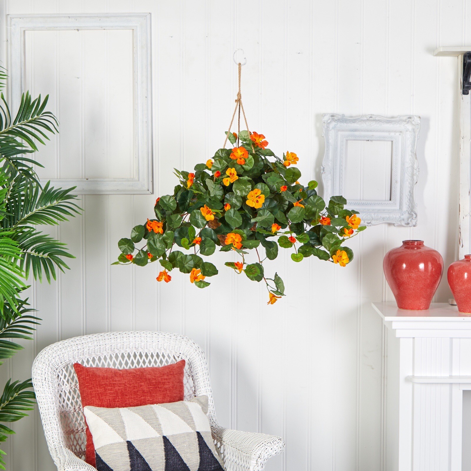 22” Nasturtium Artificial Faux Plant in Hanging Basket Home Decor. Retail $84