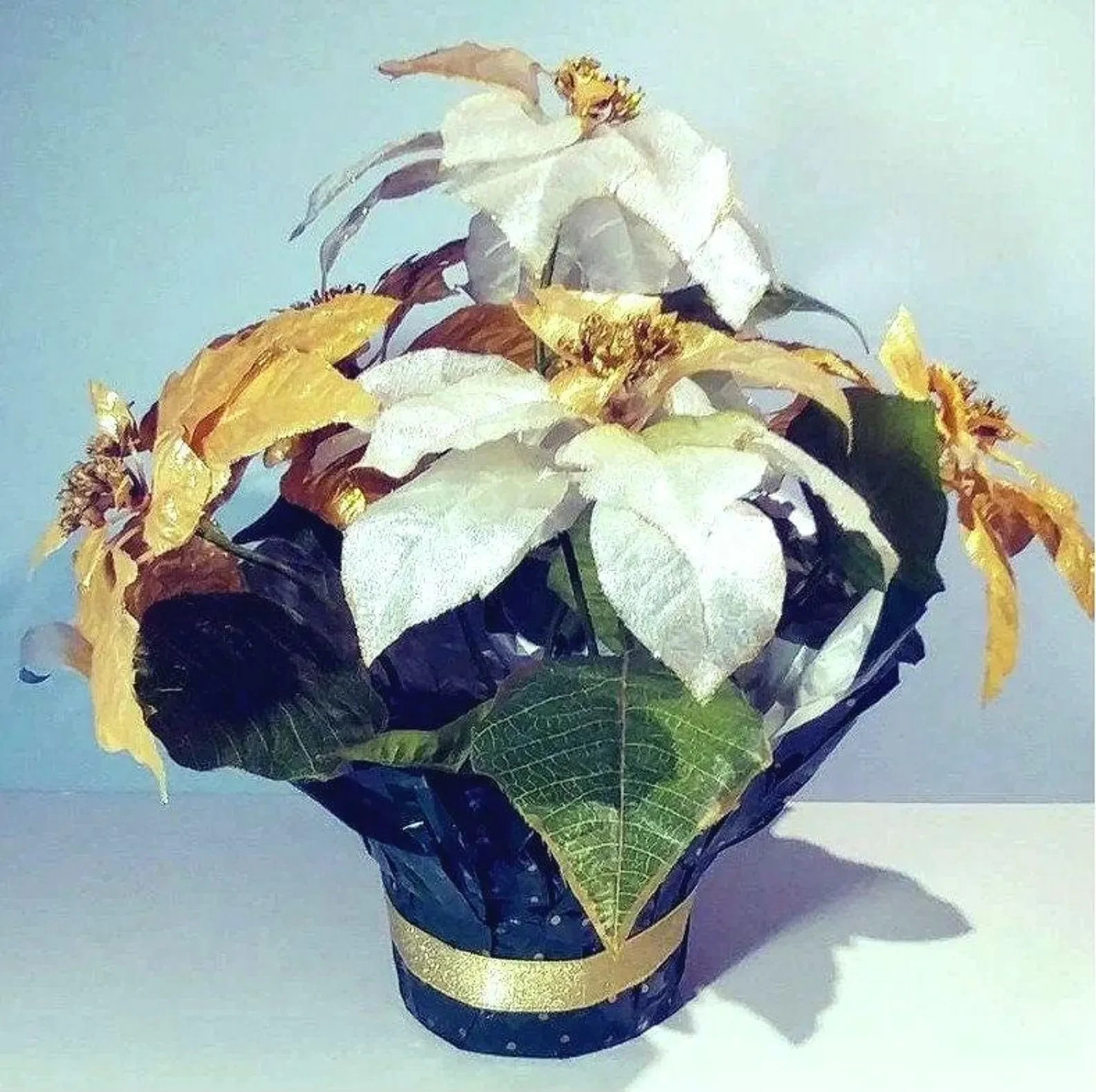Fuax Potted Silk Poinsettia in Gold, Silver, & White Flowers Floral Centerpiece