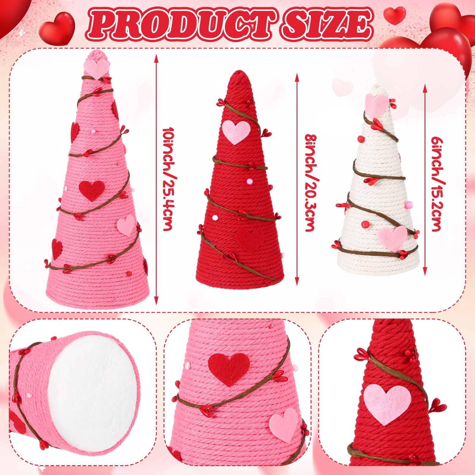 3 PCS Valentine Tree Table Decor Artificial Cone Heart Red Pink White