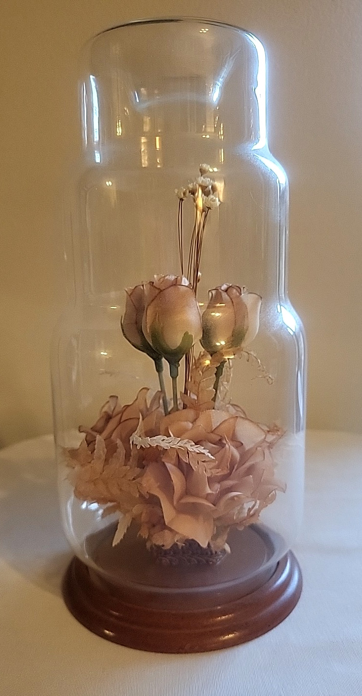 VTG 1970s Creco Trading Pink Roses Cloche Dome Home Decor Wood Base 9.5″ Cottage