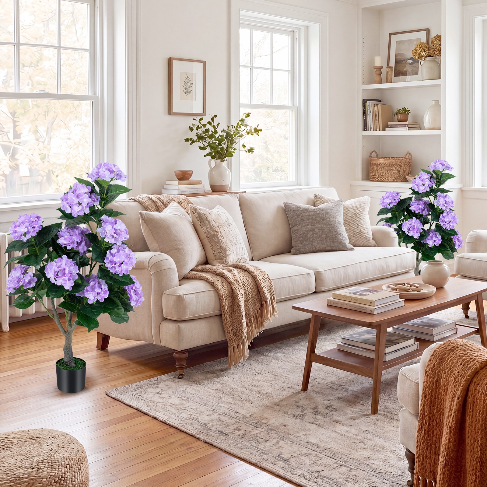 2-Pack Artificial Hydrangea Tree, 43.5″ Faux Flower Plants with 11 Blooms&Trunk