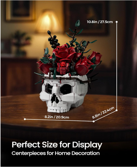 Skull Roses Flower Bouquet Building Set, Skull Planter Botanical Collection Kit