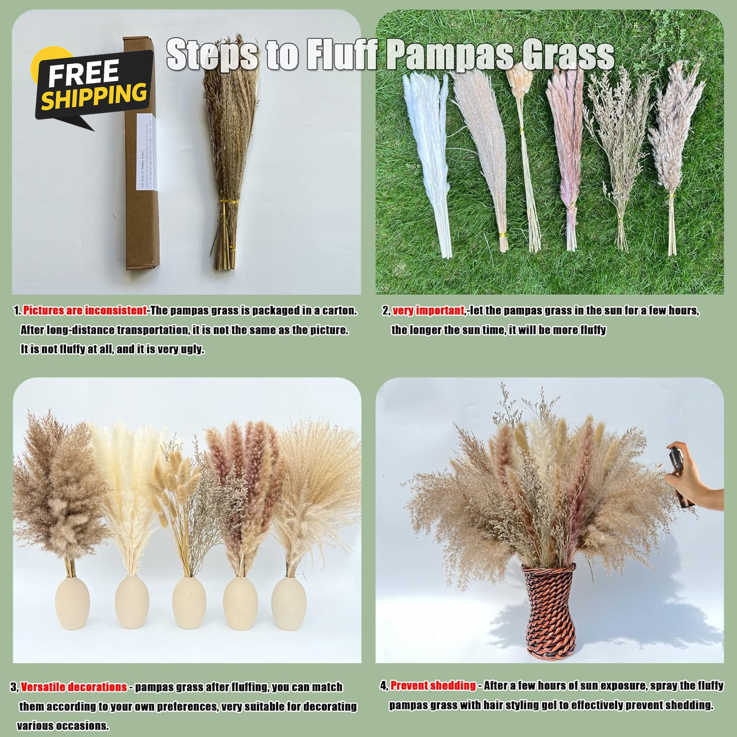 100Pcs Pampas Grass Boho Home Decor 17 Inch Natural Dried Flowers-Pampas Grass
