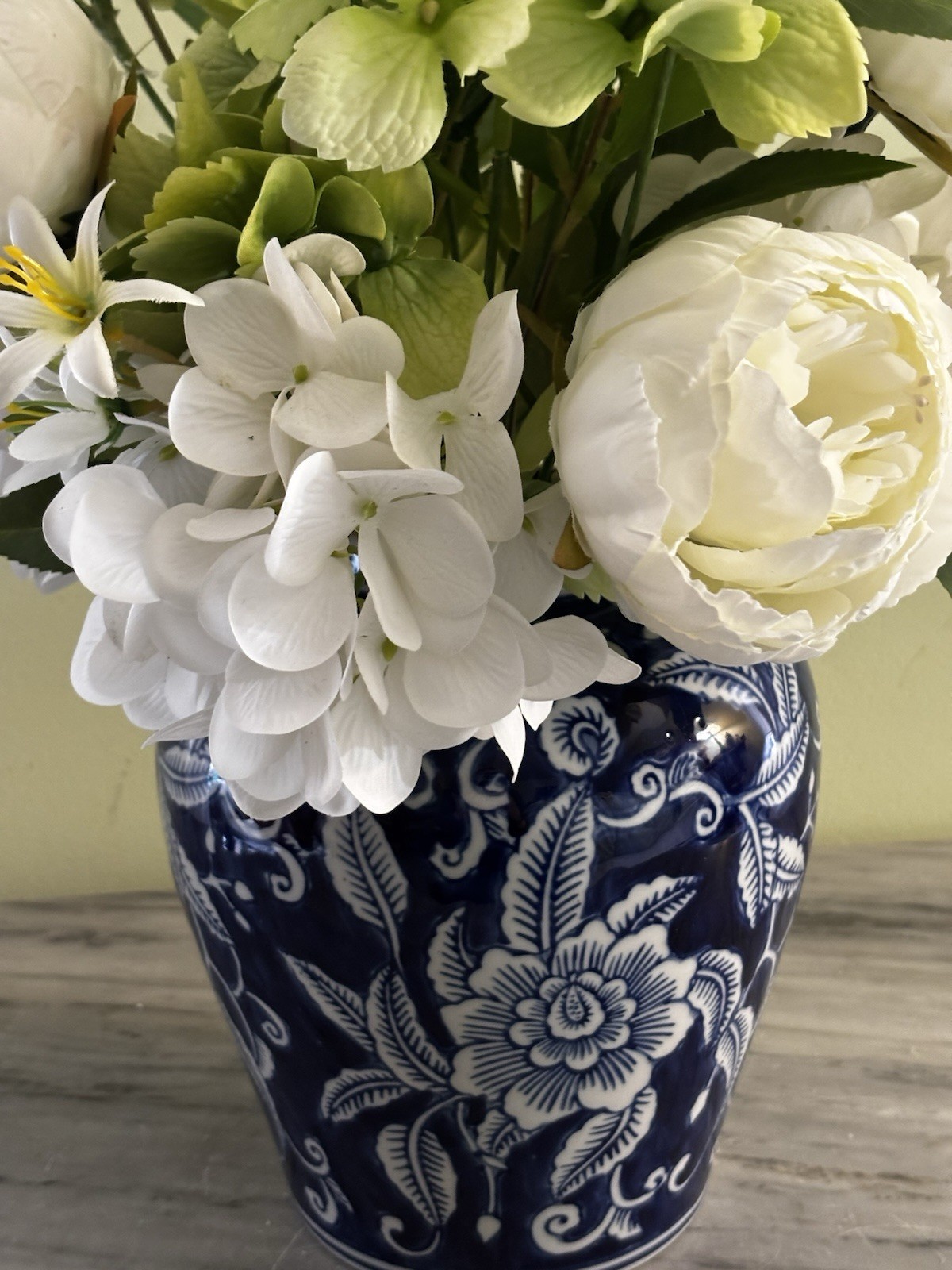 White Peonies Silk Flowers In Cobalt Blue Vase Decor Stands Approx 17” Tall