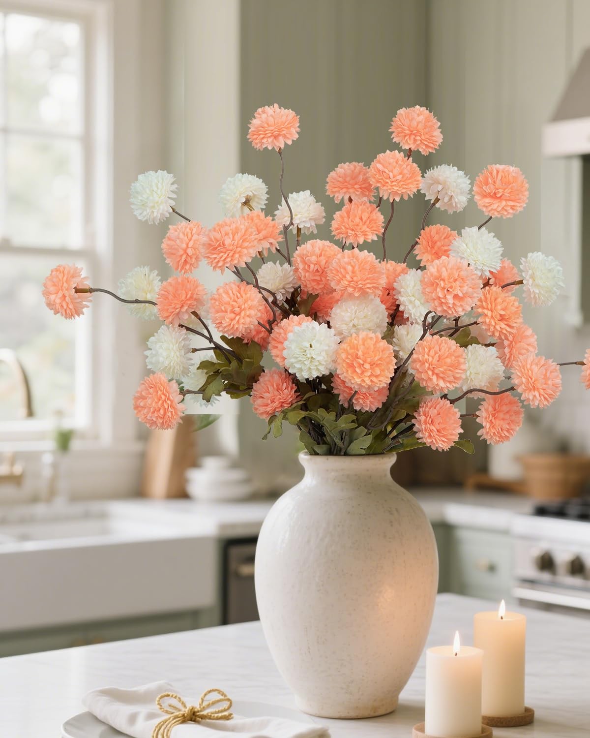 6 PCS Artificial Flowers Faux Silk Pompon Mum Kiku White Ivory Bouquets Vase