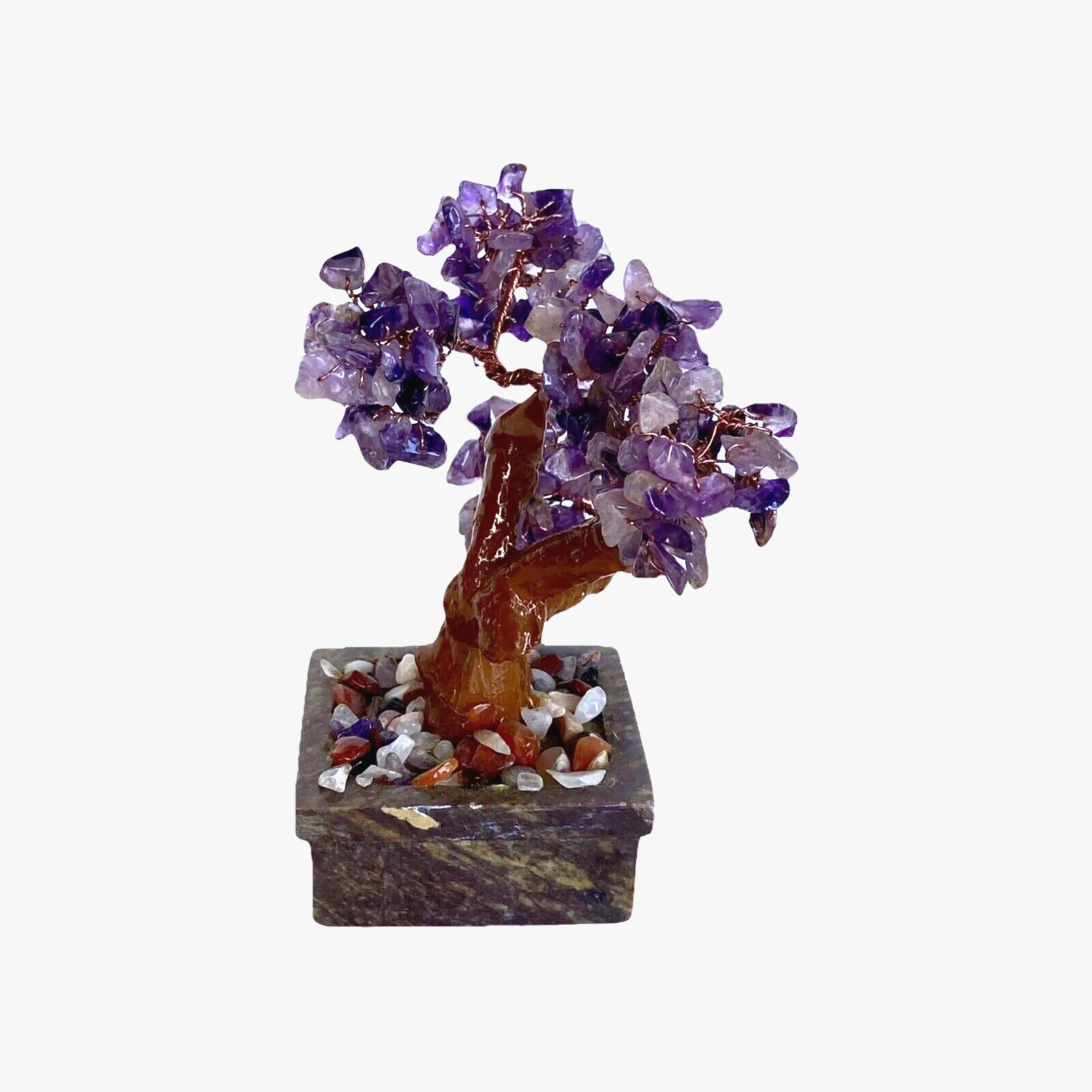Vintage Polished Amethyst Chip Bonsai Tree Sculpture with Soapstone 4-3/4″ Tall