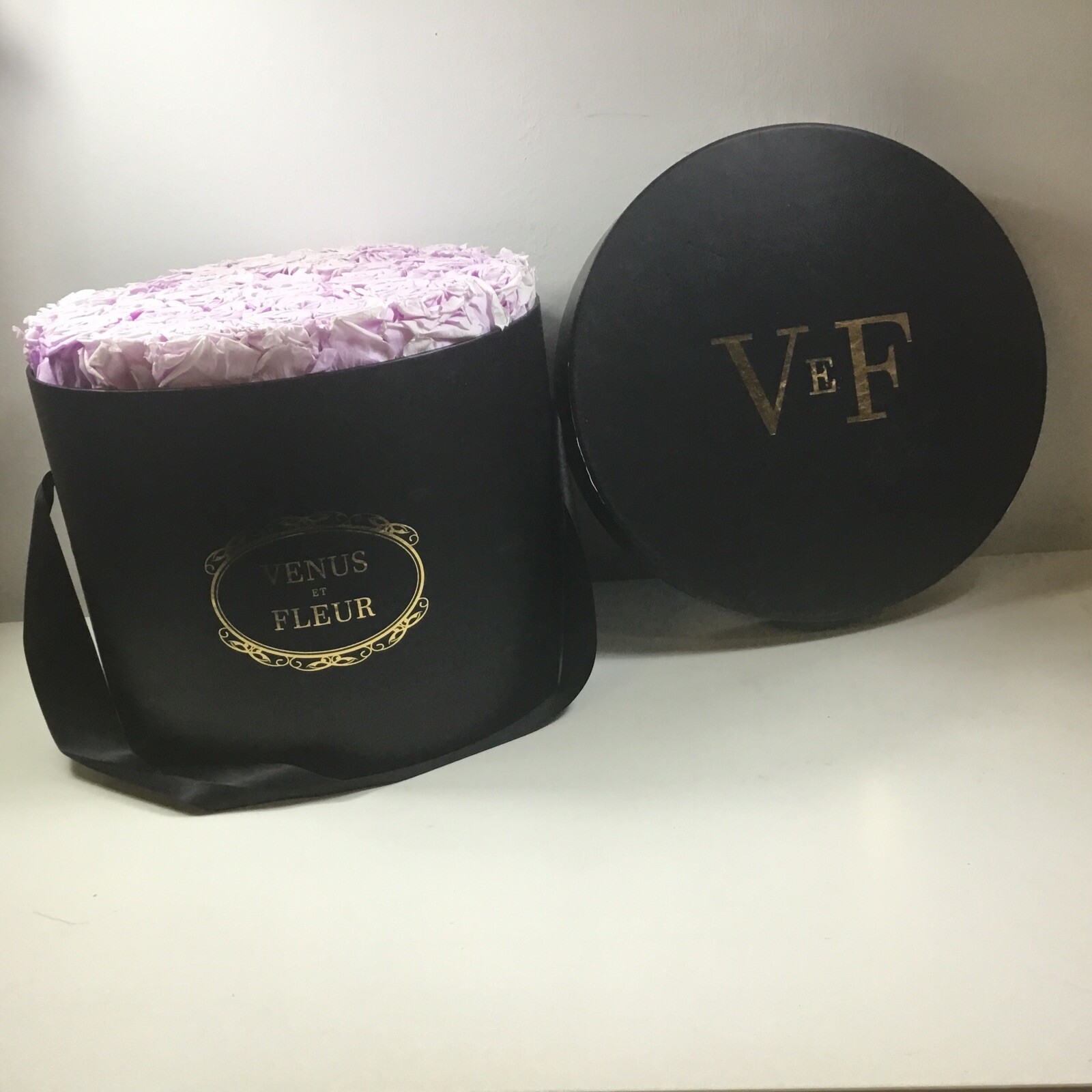 Venus Et Fleur Large Flower Box Black Gold Lettering Violet Roses9”tall 12”dia.