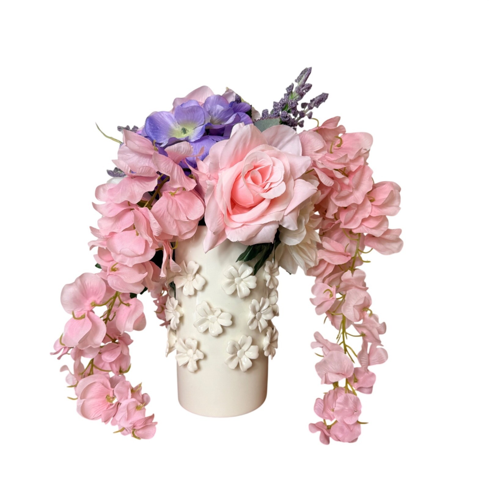 Pink Silk Floral Arrangement White Daisy Ceramic Vase Hydrangea Dahlia Decor