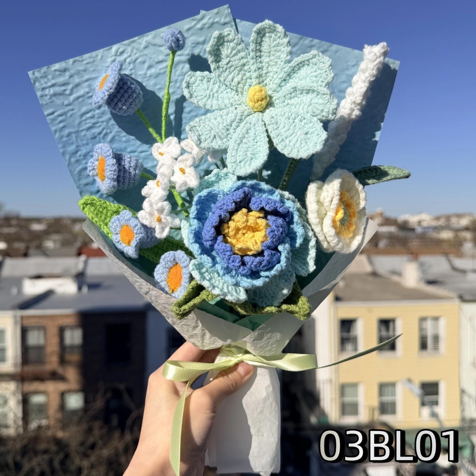 Blue White Daisy Rose Crochet Bouquet Teacher Thank You Gift
