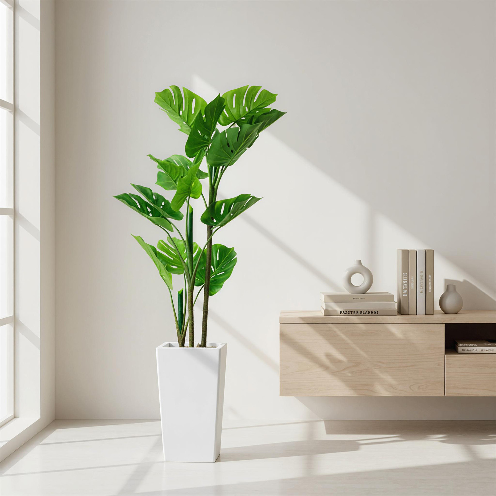 4.5ft Artificial Monstera Deliciosa Plant in White Planter Faux Tropical Tree