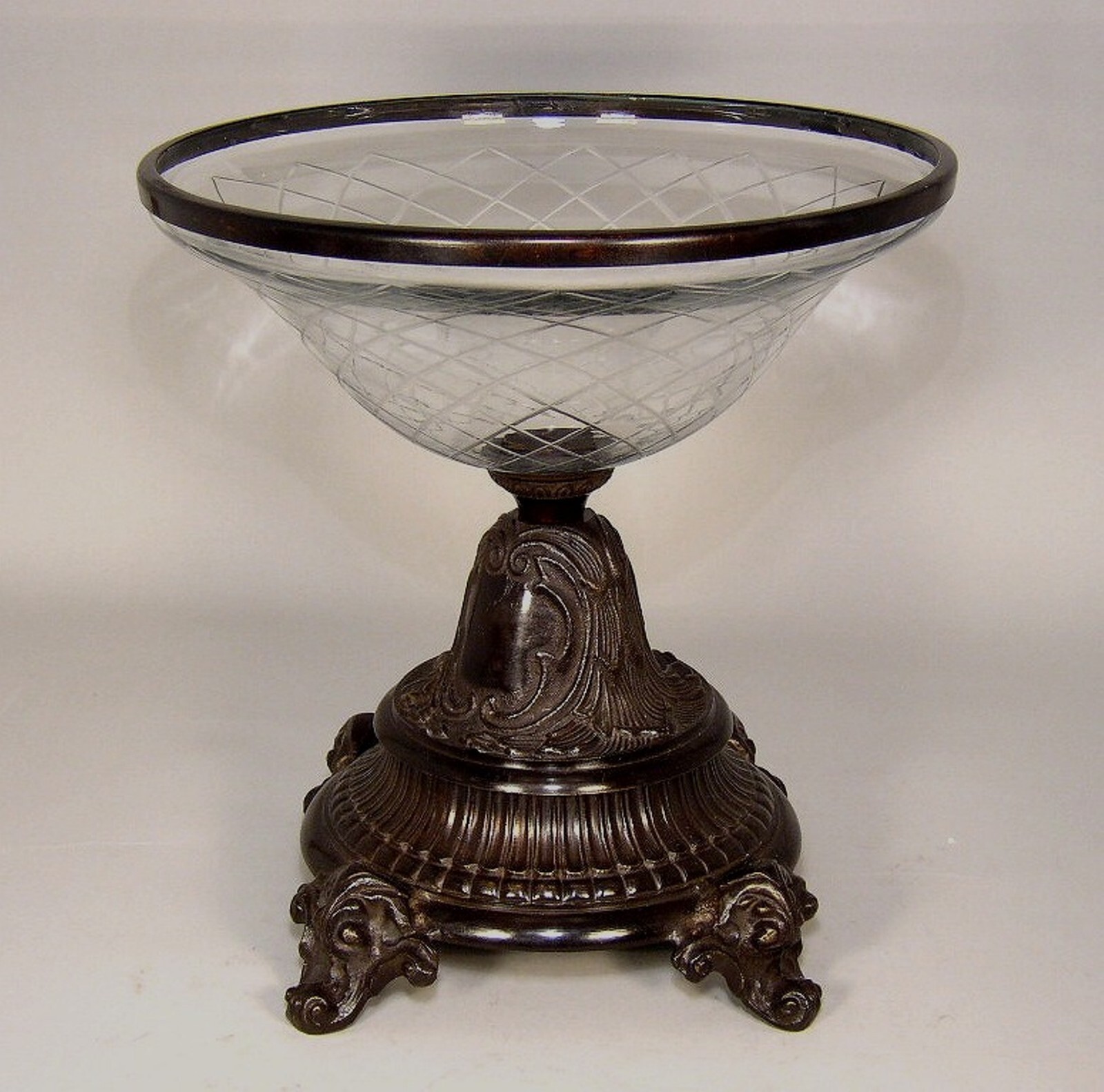 Compote Bowl Cut Glass Bronze Patina Brass Base 12.5″D 12.5″Hi FREE SHIPPING