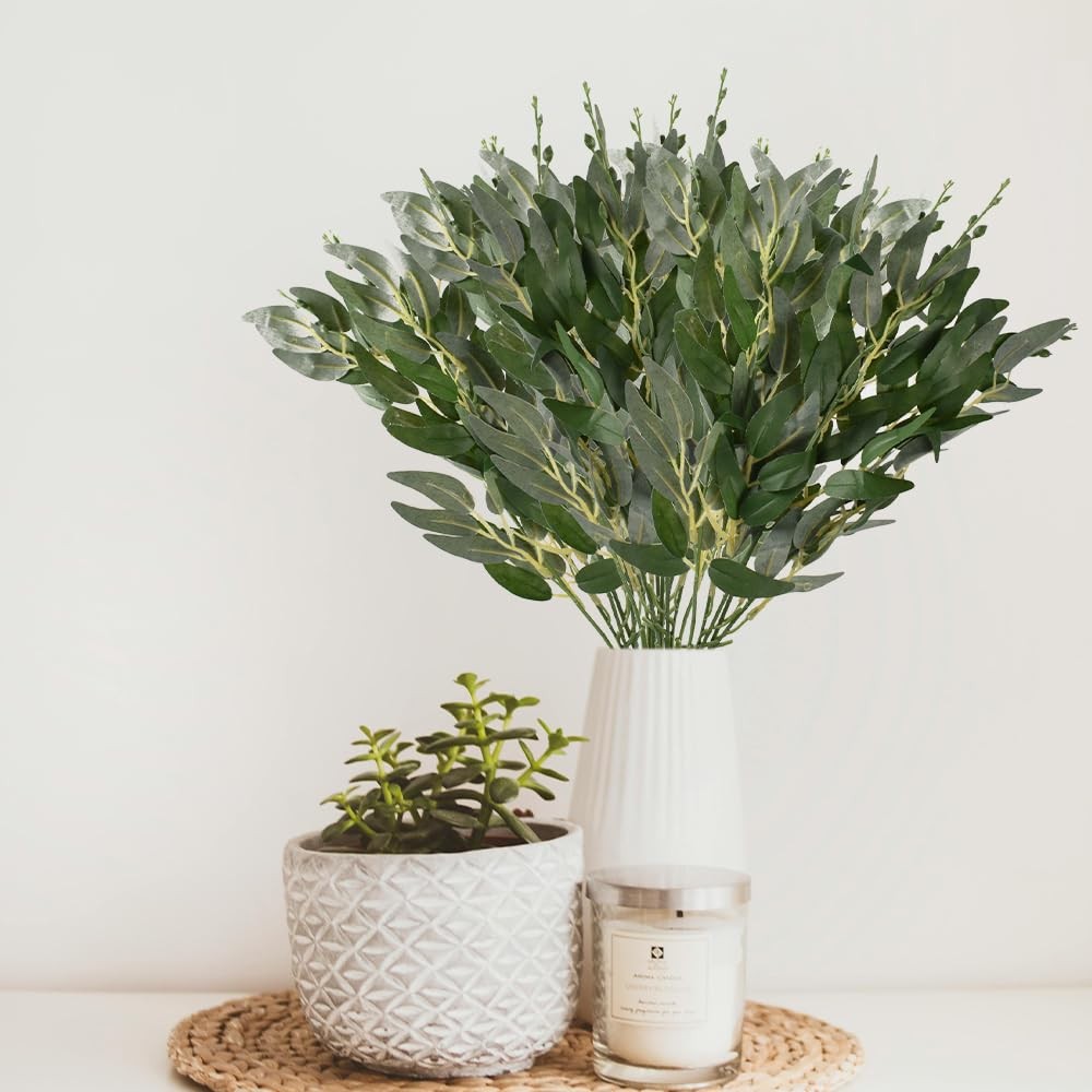 Artificial Italian Ruscus Greenery Stems 4PCS, Faux Green Leaf Willow Leaves …