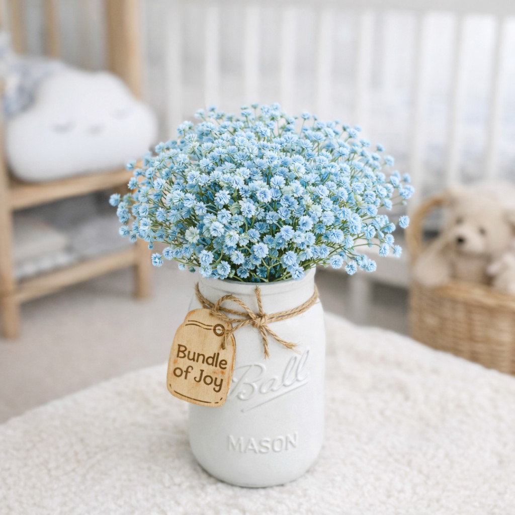 Blue Billy Button Mason Jar Arrangement Baby Shower Centerpiece Nursery Decor