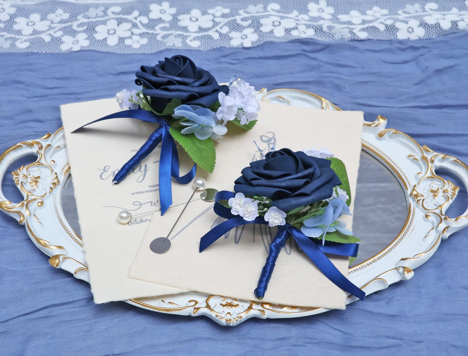 Dark Navy Blue Artificial Foam Rose Groom Groomsmen Boutonniere 2 PCS