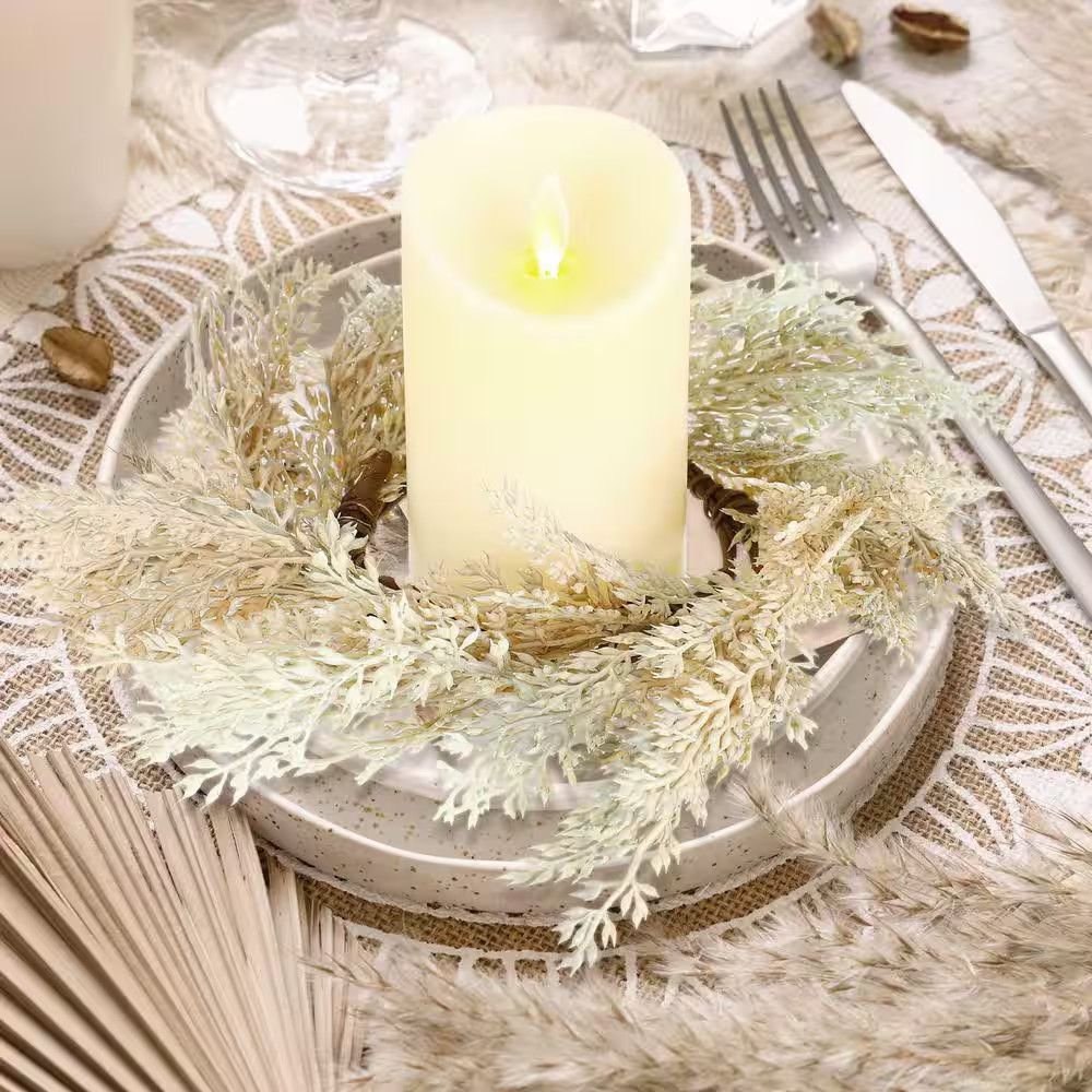 2.36 in Beige Artificial Plant Pampas Grass Candle Ring Wreath 4 Pcs Faux Boho T