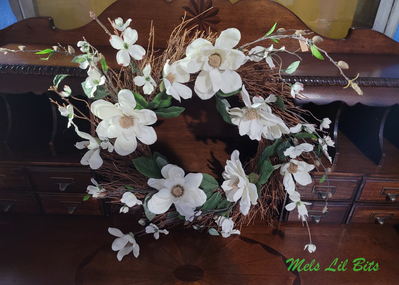 Beautiful 24″ Rustic Farmhouse White Magnolia & Dogwood Grapevine Wreath