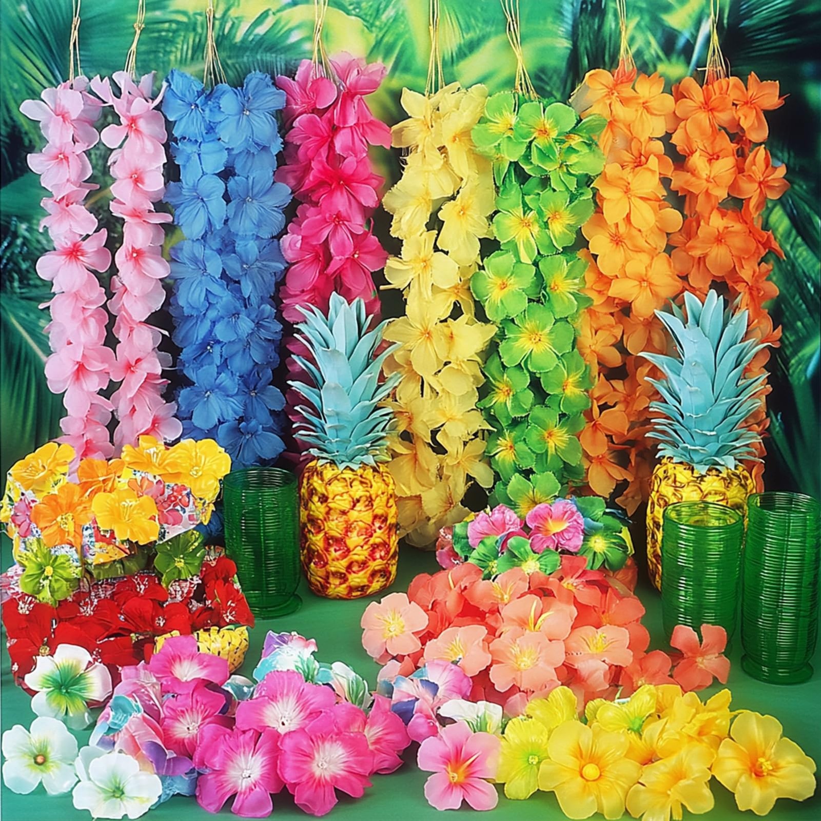 70 Pcs Hawaiian Luau Leis Decorations Supplies, Tropical Palm Leaves Hibiscus…