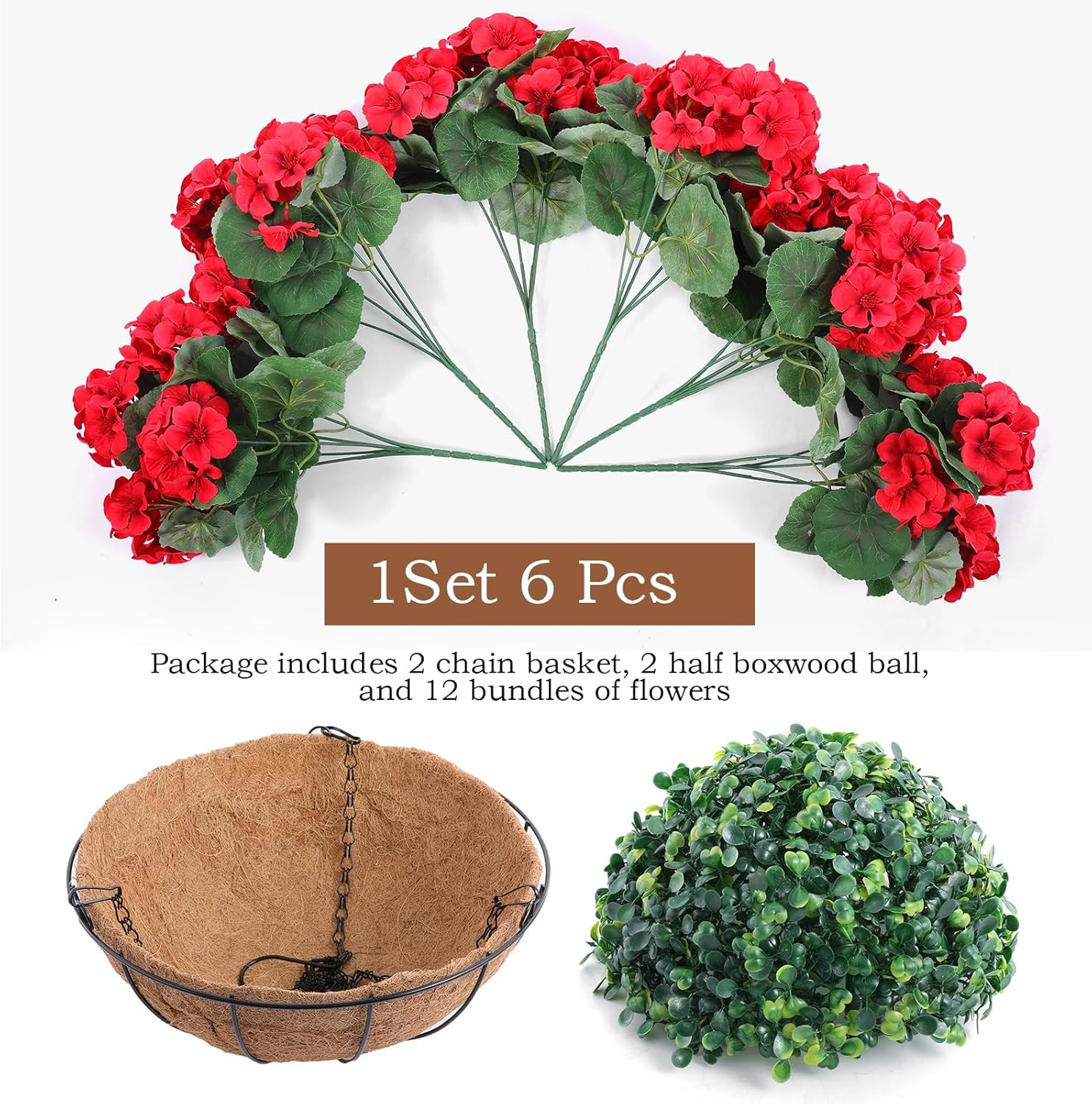 2 Set Artificial Red Geraniums Flowers for Outdoors with Hanging Baskets, 2 Hang