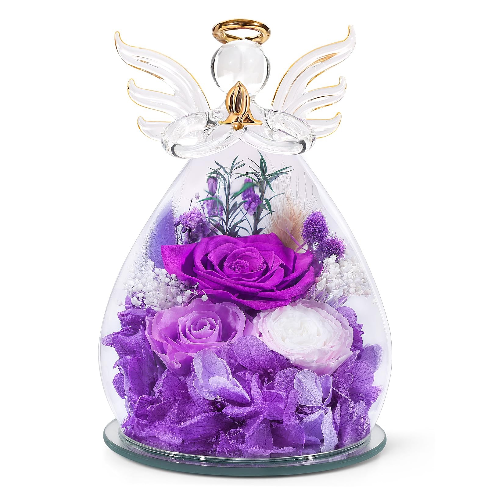 Preserved Rose in Glass Angel Figurine Led Light Forever Flower Mothers Day Gift