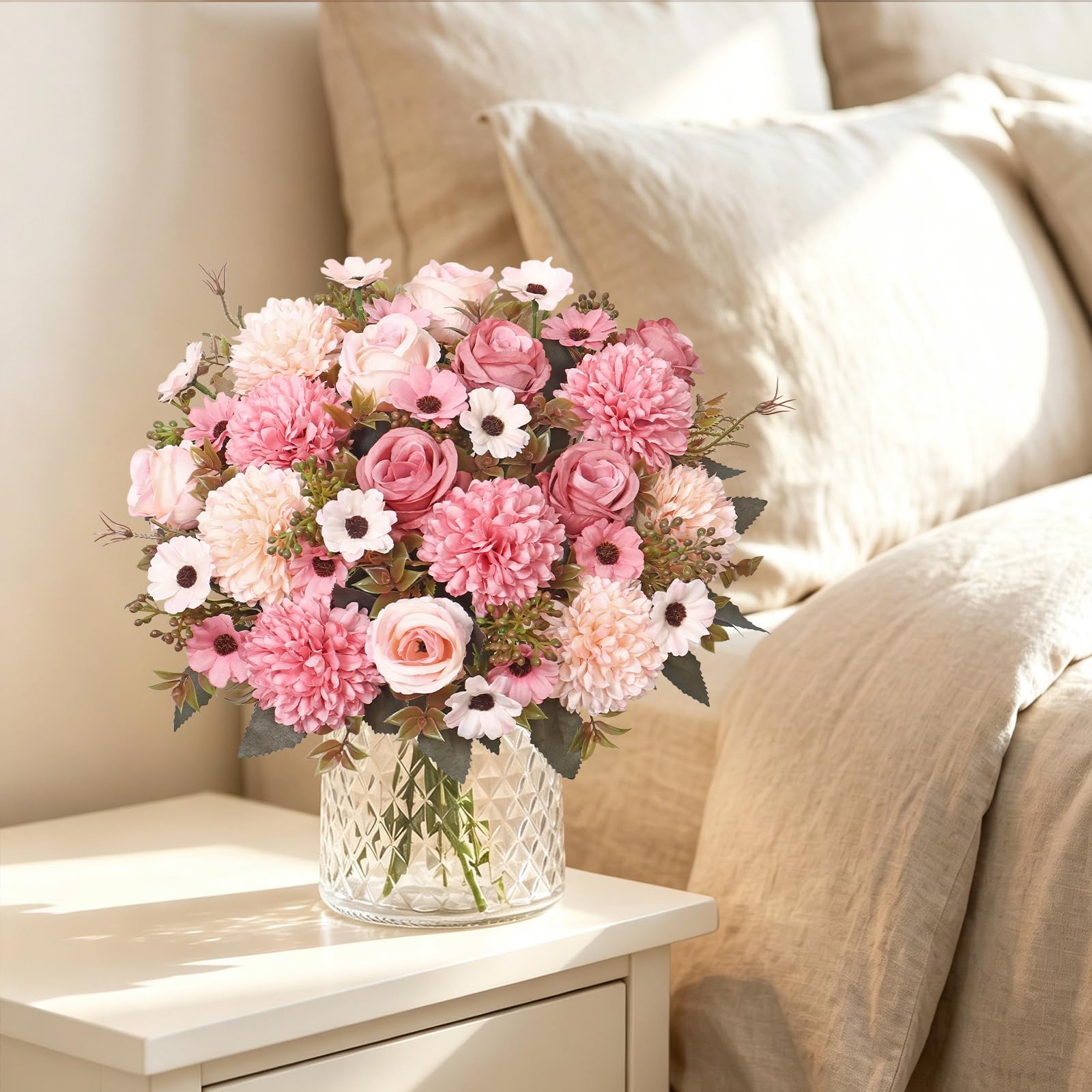 Artificial Fake Flowers,4PCS Pink Artificial Flower Bouquet with Chrysanthemu…