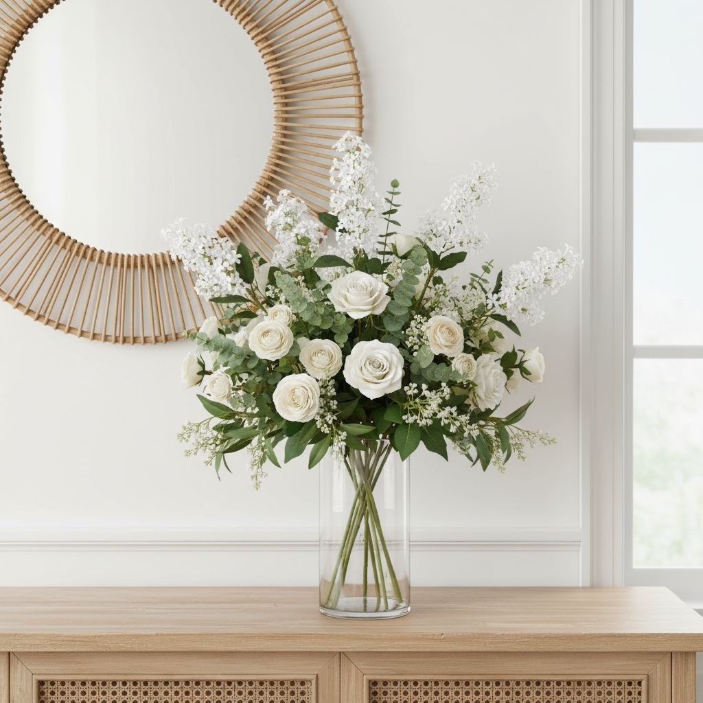 Artificial White Lilac Look Stems Set of 2, 30 Inch Faux Filler Flowers, Cottage