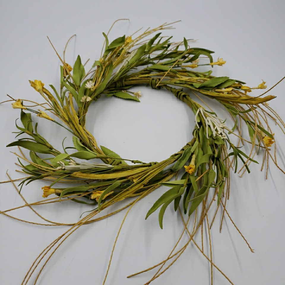 Primitive Floral Candle Ring Wreath Prairie Grass Yellow Flower Spring Summer 6″