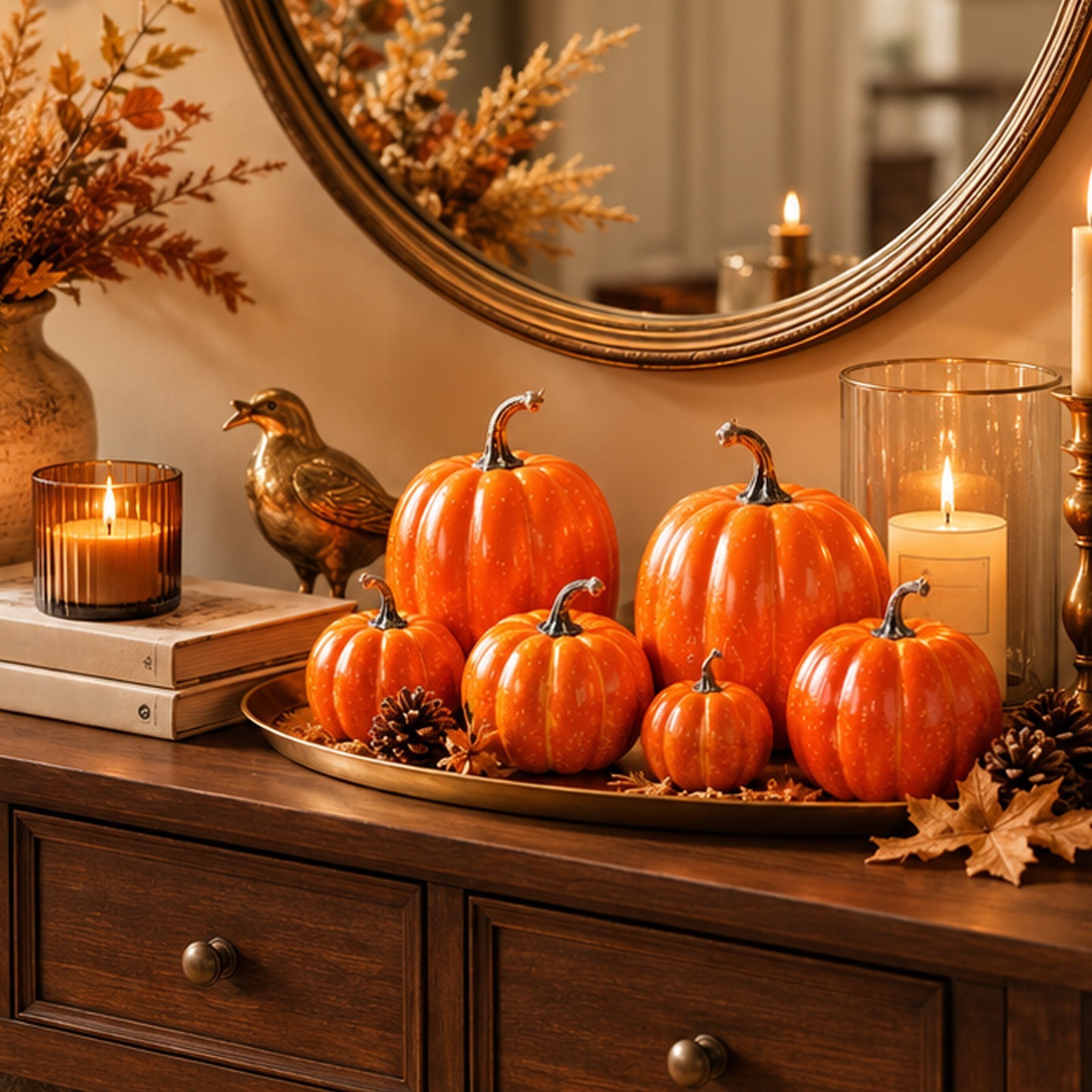 Hand Painted Speckled Foam Pumpkins 7 Pack for Mantel Tiered Tray Table Use