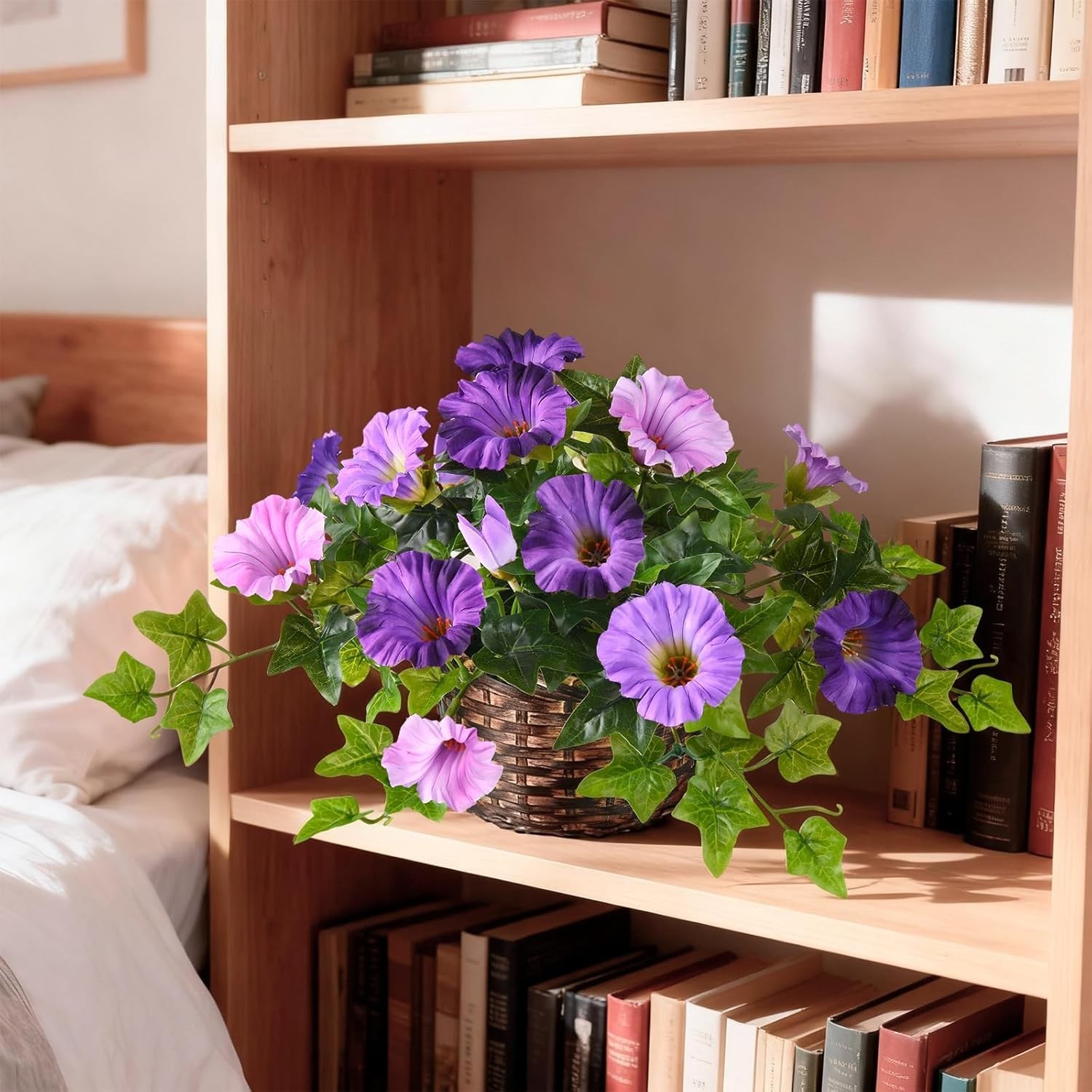 2 Set Artificial Outdoor Flowers with Hanging Basket, 2 Hanging Planters Faux Si