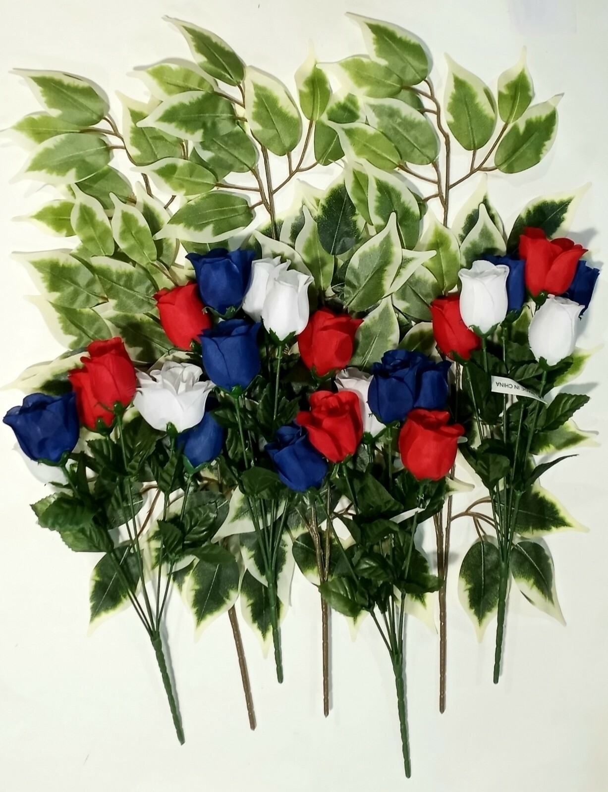 (7 pcs) 4 Red White Blue Rose Bushes & 3 Ficus Sprays Silk Flower Decor US #2213