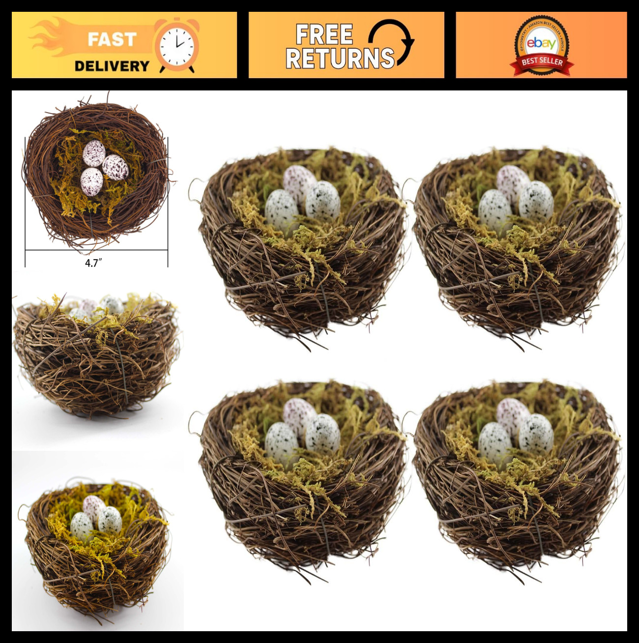 Handmade Artificial Birds Nest Set – 4PCS Rattan Nests with 12 Eggs & Moss for E