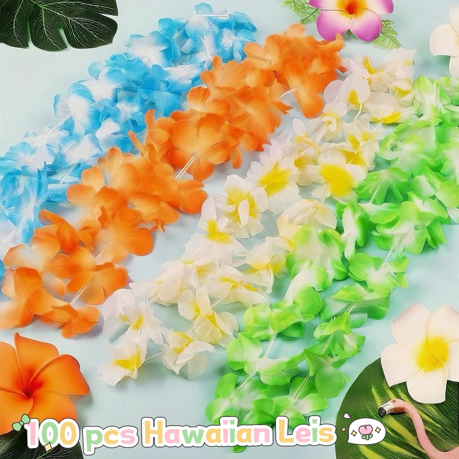 100 Pcs Hawaiian Leis Colorful Flower Necklace for Luau Party Favors Beach