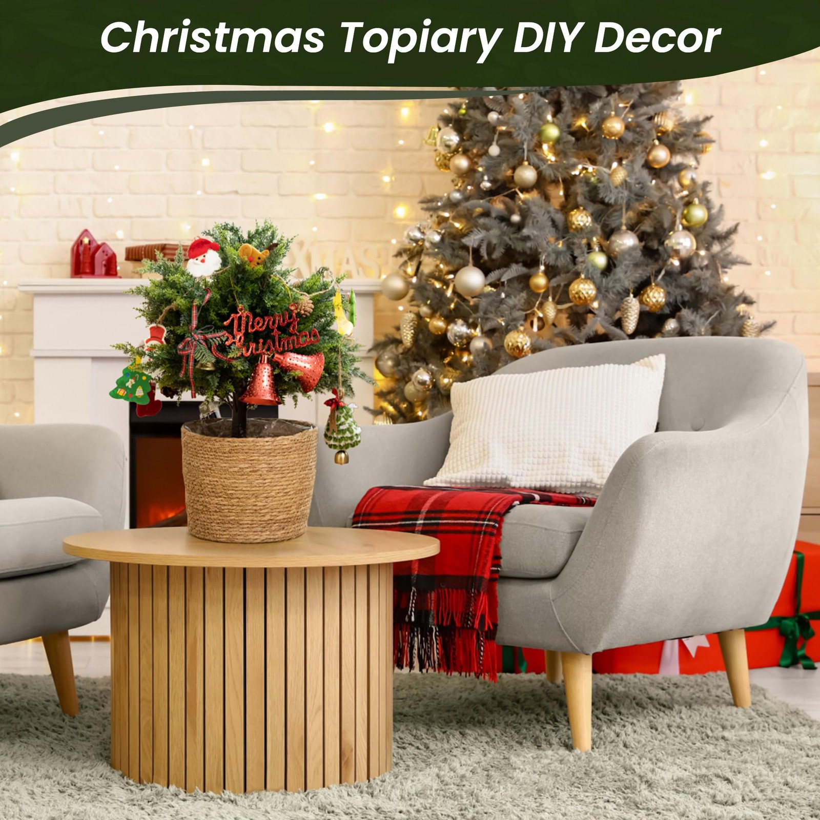 23.6″ Artificial Cedar Topiary Ball Trees, 2-Pack Outdoor Faux Cypress Shrubs…