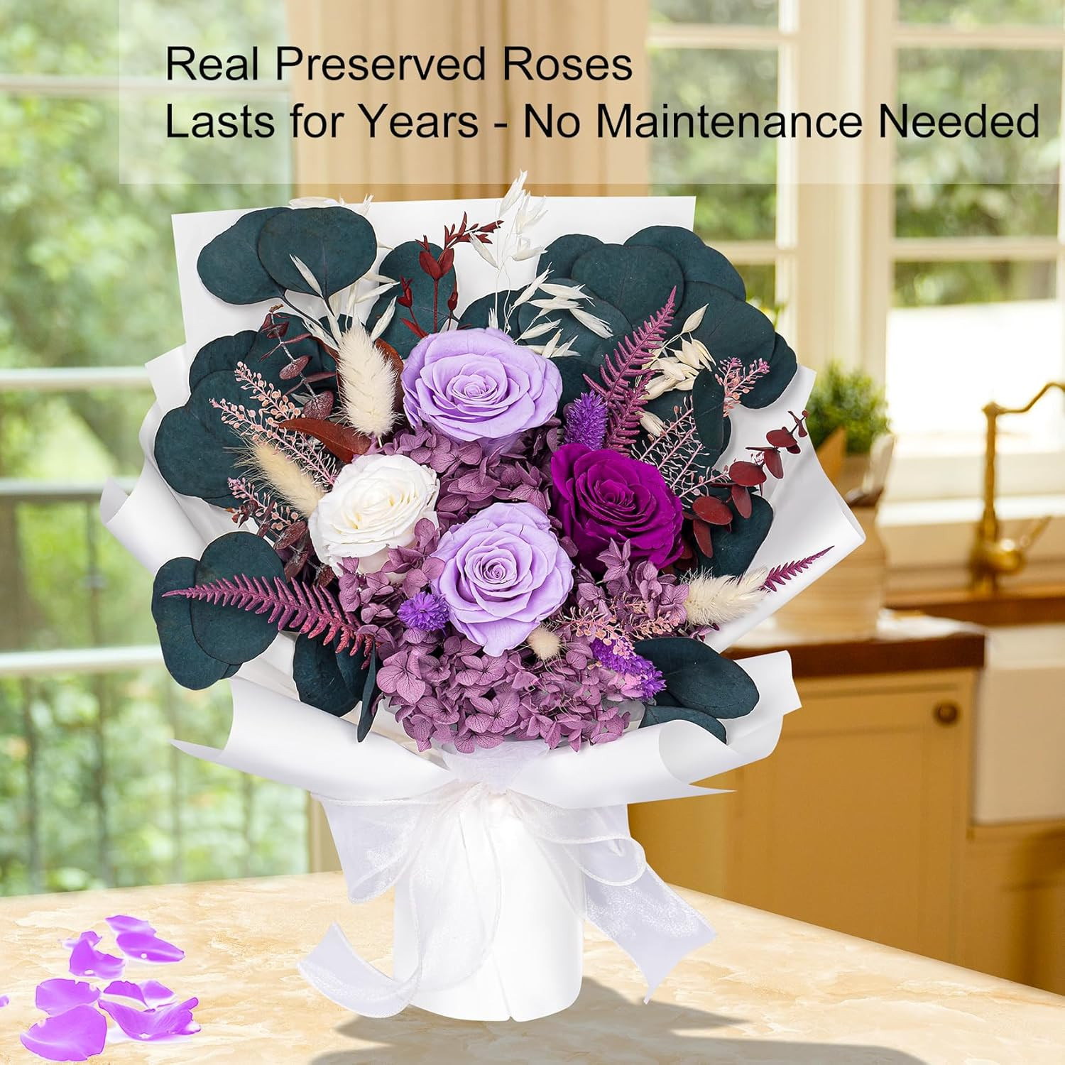 Purple Preserved Rose Bouquet Gift for Women Long Lasting Home Decor