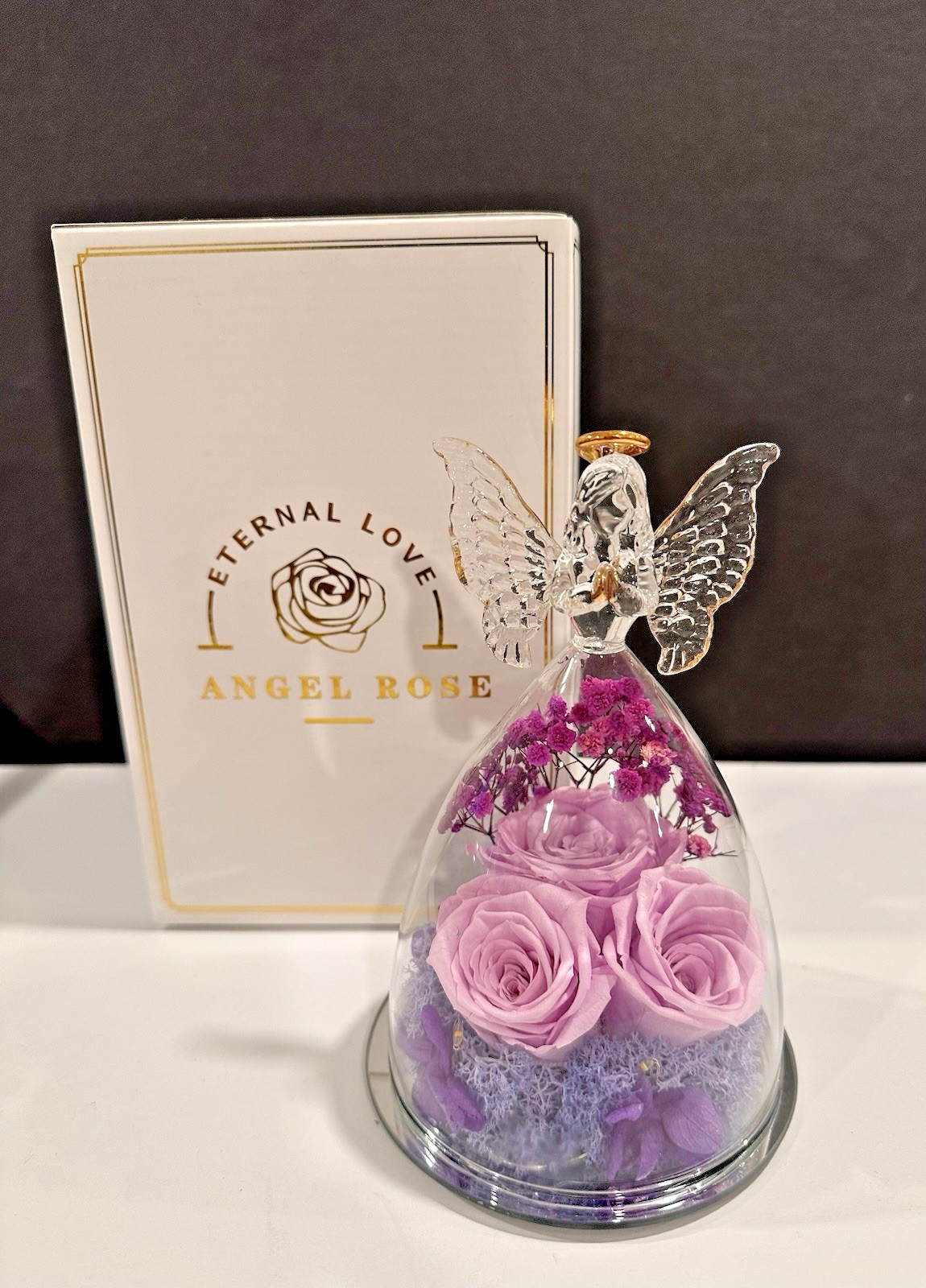 Angel Rose Eternal Love Preserved Roses in Glass Angel Lights Up~New in Gift Box