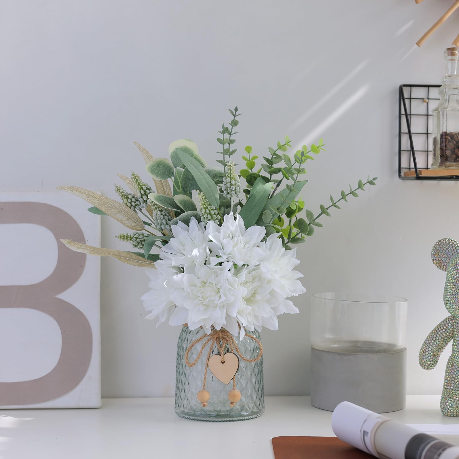 Faux Flowers with Vase,Artificial Silk Flowers in Vase, Fake Plant Eucalyptus…