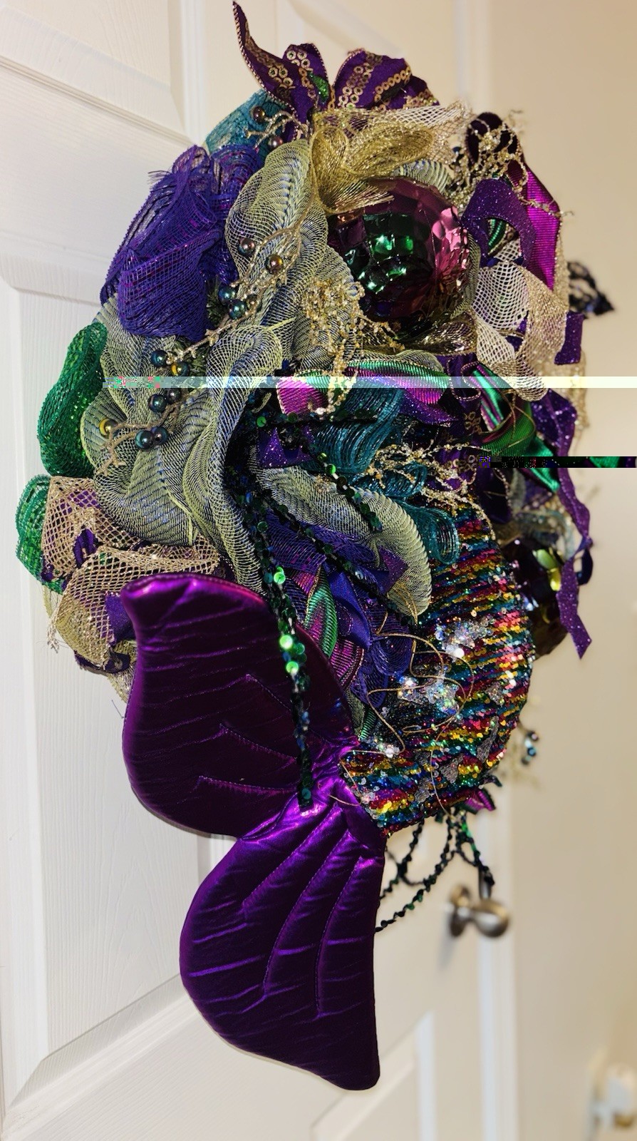 Mardi Gras Wreath Extra Large With Mermaid Tail and Fleur De Lis Handmade Deco