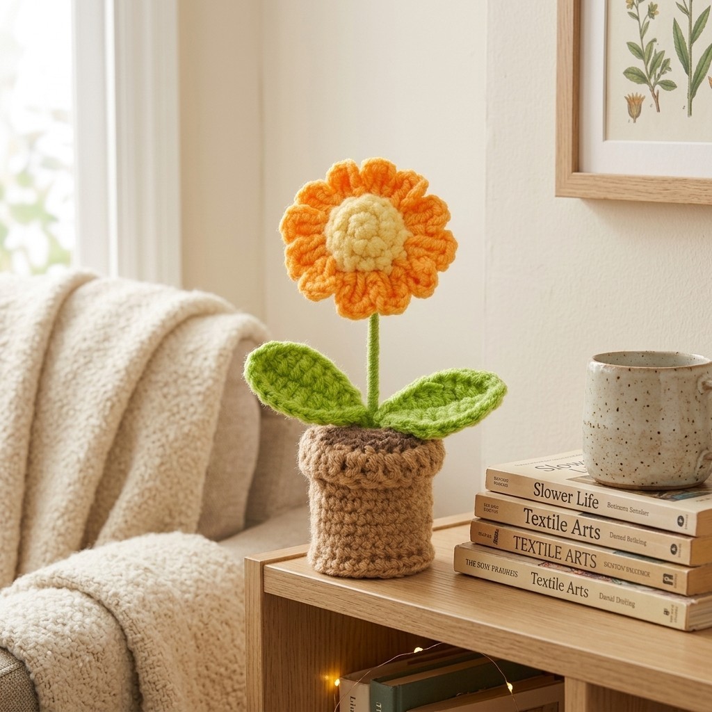 Handmade Crochet Daisy Potted Artificial Flower Desk Indoor Home Table Decor