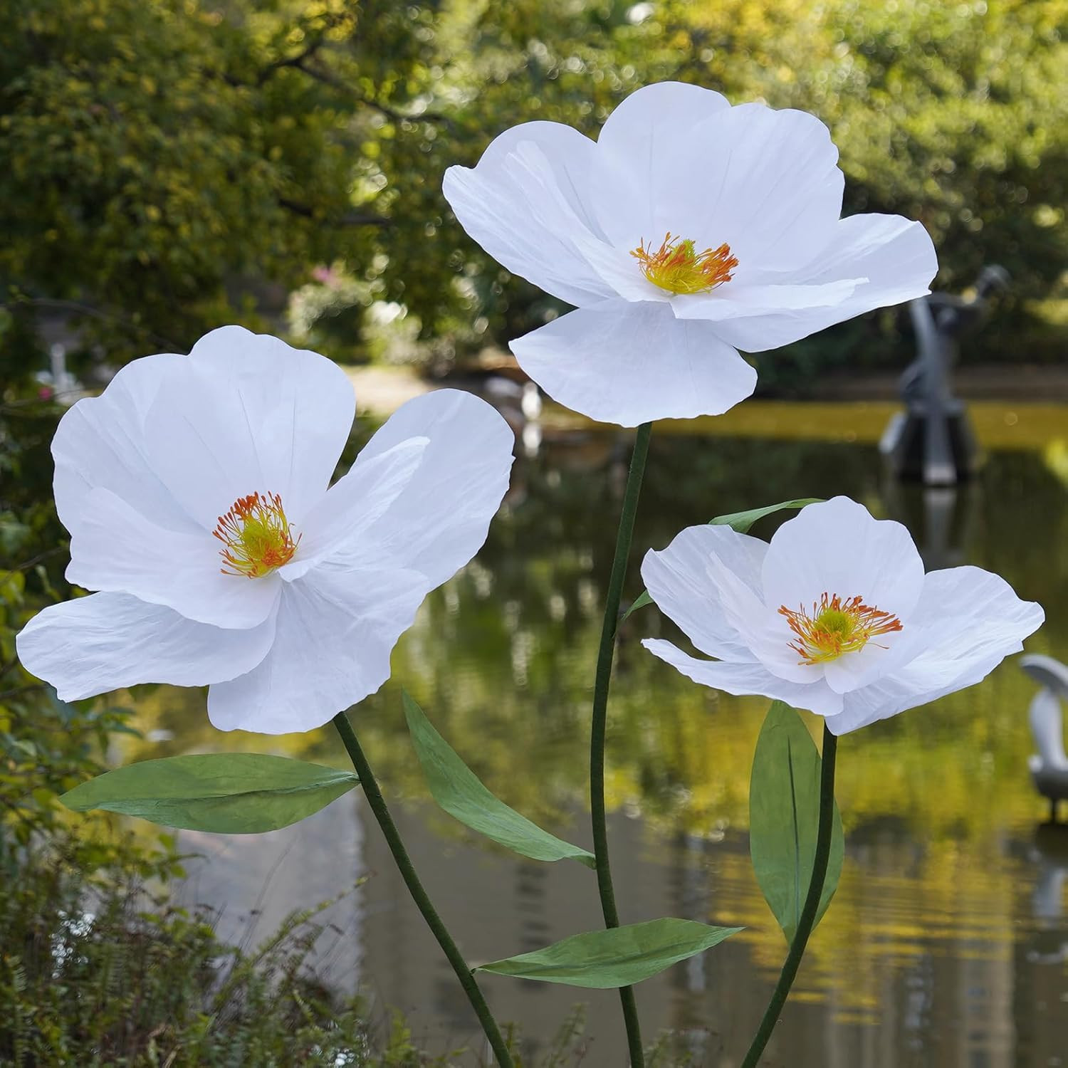 Giant White Paper Poppy Flowers for Home Decor & Events – Handcrafted Stand Incl