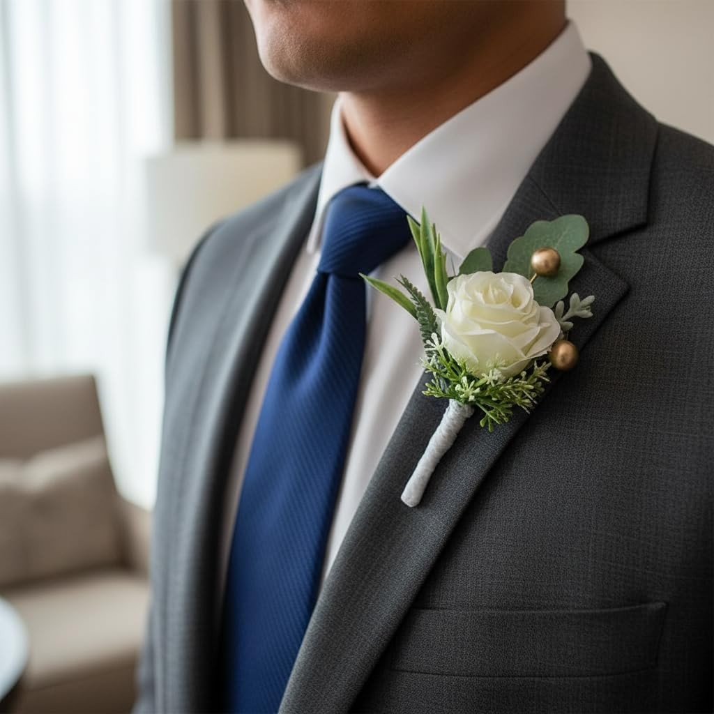 2Pcs Roses Boutonniere for Men Wedding, Groom Groomsman Artificial White Rose…