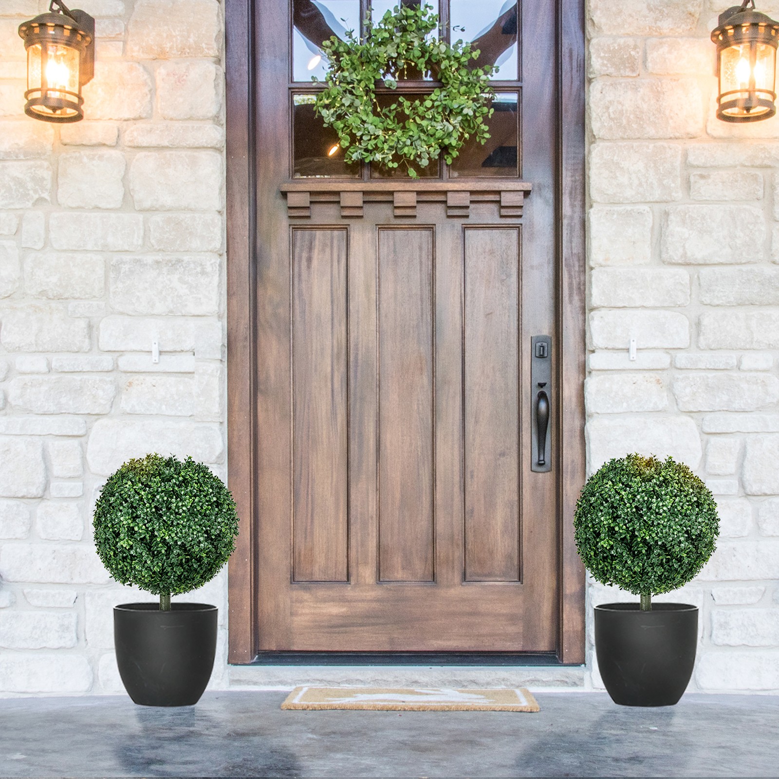 Artificial Boxwood Trees w/ Ground Stake, Set of 2 Ball Shaped Topiary Trees