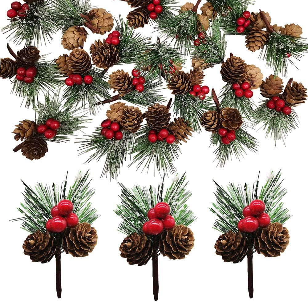 20 PCS Snow Covered Pine Needles Branches with Red Berry Stems Mini Pinecone Pic